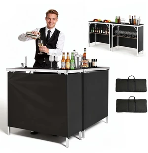 VEVOR Folding Portable Bar Table, 2 pcs, 38.6 x 15.2 x 34.3 in, with Carry Bag, Storage Shelf, Detachable Skirt, Quick and Easy Setup, Foldable Mobile Bartending Station for Events, Party, Tradeshow VEVOR Folding Portable Bar Table, 2 pcs, 38.6 x 15.2 x 34.3 in, with Carry Bag, Storage Shelf, Detachable Skirt, Quick and Easy Setup, Foldable Mobile Bartending Station for Events, Party, Tradeshow