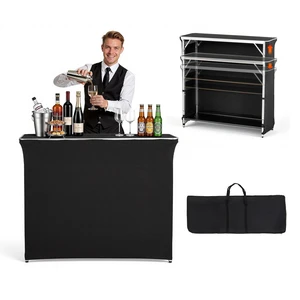 VEVOR Folding Portable Bar Table, 43.5 x 15.4 x 39.8 in, with Carry Bag, 2 Storage Shelves, and Detachable Skirt, Quick and Easy Setup, Foldable Mobile Bartending Station for Events, Party, Tradeshow VEVOR Folding Portable Bar Table, 43.5 x 15.4 x 39.8 in, with Carry Bag, 2 Storage Shelves, and Detachable Skirt, Quick and Easy Setup, Foldable Mobile Bartending Station for Events, Party, Tradeshow