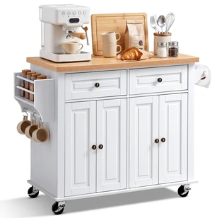 VEVOR Kitchen Island Cart with Storage, 43.7 in Wide Mobile Rolling Storage Island on Swivel Wheels, with 2 Drawers, Storage Cabinet, Spice/Towel Rack, Hooks, Table for Home Dining Room, White VEVOR Kitchen Island Cart with Storage, 43.7 in Wide Mobile Rolling Storage Island on Swivel Wheels, with 2 Drawers, Storage Cabinet, Spice/Towel Rack, Hooks, Table for Home Dining Room, White