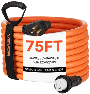 VEVOR 50 Amp Generator Cord, 75 Feet, 125/250V RV Power Cord NEMA 14-50P to SS2-50R with Twist Lock, Grip Handle, Heavy Duty 6AWG/3 + 8AWG/1 Generator Cable, for RV Camper Generator to House, Orange VEVOR 50 Amp Generator Cord, 75 Feet, 125/250V RV Power Cord NEMA 14-50P to SS2-50R with Twist Lock, Grip Handle, Heavy Duty 6AWG/3 + 8AWG/1 Generator Cable, for RV Camper Generator to House, Orange