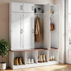 VEVOR Hall Tree with Bench and Shoe Storage, 59" Wide, 4-in-1 Entryway Hall Tree with Bench, Hanging Hooks, Storage Cabinet, and Shoe Cabinet, Wooden Furniture for Mudroom, Entryway, Hallway, White VEVOR Hall Tree with Bench and Shoe Storage, 59" Wide, 4-in-1 Entryway Hall Tree with Bench, Hanging Hooks, Storage Cabinet, and Shoe Cabinet, Wooden Furniture for Mudroom, Entryway, Hallway, White