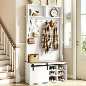 VEVOR Hall Tree with Bench and Shoe Storage, 42" Wide, Entryway Hall Tree with Bench, Hanging Hooks, Storage Shelves, Adjustable Shoe Shelves, Wooden Furniture for Mudroom, Entryway, Hallway, White VEVOR Hall Tree with Bench and Shoe Storage, 42" Wide, Entryway Hall Tree with Bench, Hanging Hooks, Storage Shelves, Adjustable Shoe Shelves, Wooden Furniture for Mudroom, Entryway, Hallway, White