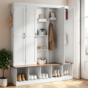 VEVOR Hall Tree with Bench and Shoe Storage, 63" Wide, 4-in-1 Entryway Hall Tree with Bench, Hanging Hooks, Storage Cabinet, and Shoe Cabinet, Wooden Furniture for Mudroom, Entryway, Hallway, White VEVOR Hall Tree with Bench and Shoe Storage, 63" Wide, 4-in-1 Entryway Hall Tree with Bench, Hanging Hooks, Storage Cabinet, and Shoe Cabinet, Wooden Furniture for Mudroom, Entryway, Hallway, White