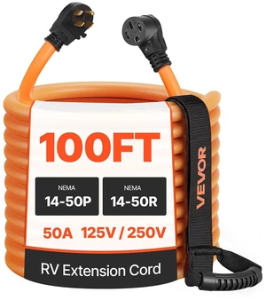 VEVOR 50 Amp 100 Feet RV Extension Cord, 125V/250V, Heavy Duty 6/3 + 8/1 Gauge STW RV Power Cord, NEMA 14-50P to NEMA 14-50R, with Power Indicator, Cord Organizer, 15A Adapter, for Camper Trailer VEVOR 50 Amp 100 Feet RV Extension Cord, 125V/250V, Heavy Duty 6/3 + 8/1 Gauge STW RV Power Cord, NEMA 14-50P to NEMA 14-50R, with Power Indicator, Cord Organizer, 15A Adapter, for Camper Trailer
