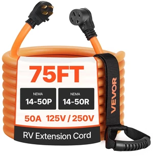 VEVOR 50 Amp 75 Feet RV Extension Cord, 125V/250V 7500W, Heavy Duty 6/3 + 8/1 Gauge STW RV Power Cord, NEMA 14-50P to NEMA 14-50R, with Power Indicator, Cord Organizer, 15A Adapter, for Camper Trailer VEVOR 50 Amp 75 Feet RV Extension Cord, 125V/250V 7500W, Heavy Duty 6/3 + 8/1 Gauge STW RV Power Cord, NEMA 14-50P to NEMA 14-50R, with Power Indicator, Cord Organizer, 15A Adapter, for Camper Trailer