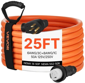 VEVOR 50 Amp Generator Cord, 25 Feet, 125/250V RV Power Cord NEMA 14-50P to SS2-50R with Twist Lock, Grip Handle, Heavy Duty 6AWG/3 + 8AWG/1 Generator Cable, for RV Camper Generator to House, Orange VEVOR 50 Amp Generator Cord, 25 Feet, 125/250V RV Power Cord NEMA 14-50P to SS2-50R with Twist Lock, Grip Handle, Heavy Duty 6AWG/3 + 8AWG/1 Generator Cable, for RV Camper Generator to House, Orange