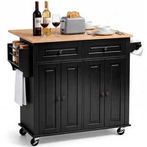 VEVOR Kitchen Island Cart with Storage, 43.58 in Wide Mobile Rolling Storage Island on Swivel Wheels, with 2 Drawers, Storage Cabinet, Drop Leaf, Spice/Towel Rack, Table for Home Dining Room, Black VEVOR Kitchen Island Cart with Storage, 43.58 in Wide Mobile Rolling Storage Island on Swivel Wheels, with 2 Drawers, Storage Cabinet, Drop Leaf, Spice/Towel Rack, Table for Home Dining Room, Black