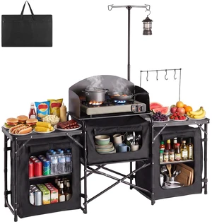 VEVOR Folding Camping Table, Outdoor Portable Table, Quick Set-up Kitchen Cook Station, with Storage Organizer, Telescoping Legs, a Detachable Windscreen, Carrying Bag, for Picnic BBQ RV Traveling VEVOR Folding Camping Table, Outdoor Portable Table, Quick Set-up Kitchen Cook Station, with Storage Organizer, Telescoping Legs, a Detachable Windscreen, Carrying Bag, for Picnic BBQ RV Traveling