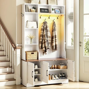 VEVOR Hall Tree with Bench and Shoe Storage, 39" Wide, Entryway Hall Tree with Bench, Hanging Hooks, Storage Shelves, Adjustable Shoe Shelves, LED Light, Wooden, for Mudroom, Entryway, Hallway, White VEVOR Hall Tree with Bench and Shoe Storage, 39" Wide, Entryway Hall Tree with Bench, Hanging Hooks, Storage Shelves, Adjustable Shoe Shelves, LED Light, Wooden, for Mudroom, Entryway, Hallway, White