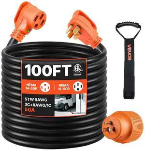 100 FT 50A RV Extension Cord STW 6/3 +8/1 Gauge Wire NEMA 14-50P NEMA 14-50R ETL