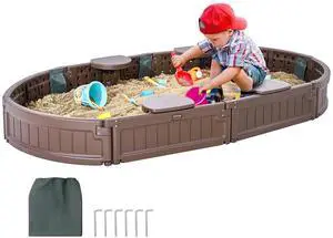VEVOR Sandbox with Cover, 72 x 41.5 x 9.1 in Oval Sand Box, HDPE Sand Pit with 4 Corner Seating and Bottom Liner, Kids Sandbox for Outdoor Backyard, Beach, Park, Gift for Boys Girls Ages 3-12, Brown