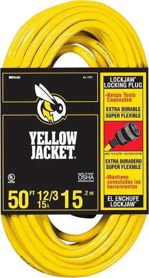 Yellow Jacket Heavy Duty Extension Cord, 50Ft, 12 Gauge, 3 Conductor, Locking Plug, STJW, Yellow, 2737