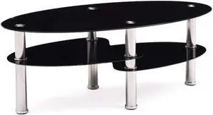Hodedah Three Tier Oval Tempered Glass Coffee Table, Black