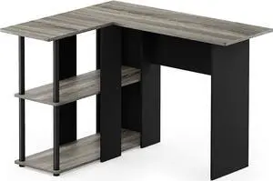 Furinno Abbott L-Shape Computer Desk with Bookshelf, French Oak Grey/Black