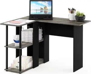 Furinno Abbott L-Shape Computer Desk with Bookshelf, French Oak Grey/Black