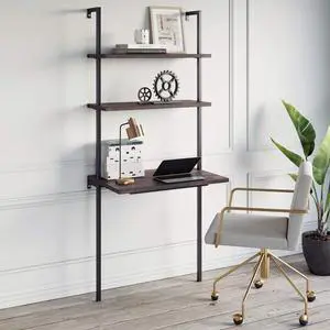 Nathan James Theo 2-Shelf Industrial Wall Mount Ladder Table, Small Computer or Writing Desk, Nutmeg/Matte Black
