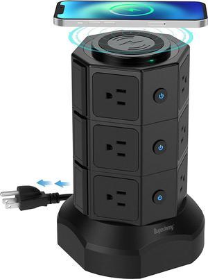SUPERDANNY Power Strip Tower with 15W Magnetic Wireless Charger 1050J Surge Protector Tower 13A Charging Station with 12 AC Outlets  6 USB Ports 65ft Extension Cord for Home Office Black
