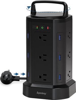 SUPERDANNY Power Strip Tower Handle Cord Retracting, 2100J Surge Protector, 12 Widely Spaced AC Outlets 6 USBs Charger Station, 6.5ft Extension Cord
