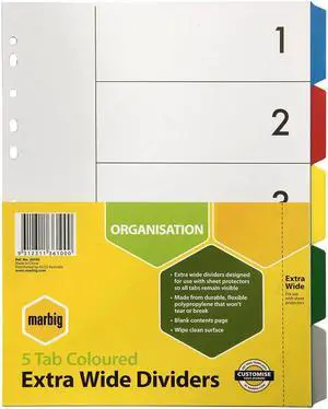 Marbig 5 Tab Plastic Extra Wide Dividers A4 (Coloured)
