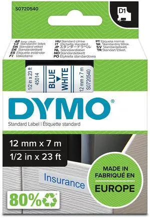D1 Standard Labelling Tape 12mm x 7m - Blue on White D1 Standard Labelling Tape 12mm x 7m - Blue on White