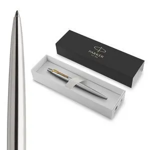 Parker Jotter Ballpoint Pen, Stainless Steel with Golden Trim, Medium Point, Blue Ink, Gift Box - Smooth Writing, Sleek, Polished, Professional, Desk Essentials Parker Jotter Ballpoint Pen, Stainless Steel with Golden Trim, Medium Point, Blue Ink, Gift Box - Smooth Writing, Sleek, Polished, Professional, Desk Essentials