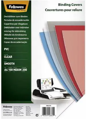 Fellowes A4 Binding Covers, PVC 200 Micron, Clear, Pack of 100 Fellowes A4 Binding Covers, PVC 200 Micron, Clear, Pack of 100