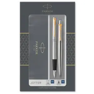 Parker Jotter Duo Gift Set with Ballpoint Pen & Fountain Pen, Stainless Steel with Gold Trim, Blue Ink Refill & Cartridges, Gift Box Parker Jotter Duo Gift Set with Ballpoint Pen & Fountain Pen, Stainless Steel with Gold Trim, Blue Ink Refill & Cartridges, Gift Box
