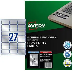 Avery L6011-20 Extra-Strong Adhesive Silver Heavy Duty Labels, 27 Labels Per A4 Sheet Avery L6011-20 Extra-Strong Adhesive Silver Heavy Duty Labels, 27 Labels Per A4 Sheet