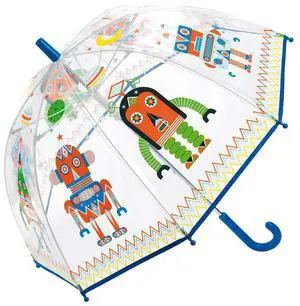 DJECO - Transparent Dome Umbrella with Colorful Robot Design - Rain Protection - Unique Retro Robot Design - Child-Safe Mechanism - Durable and Waterproof DJECO - Transparent Dome Umbrella with Colorful Robot Design - Rain Protection - Unique Retro Robot Design - Child-Safe Mechanism - Durable and Waterproof