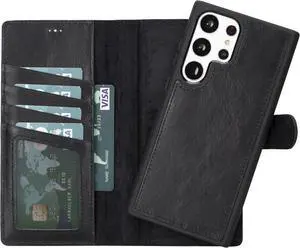 VENOULT Rustic Black  Wallet Case for Samsung Galaxy S23 Ultra, Man or Women with Credit Card Holder, Genuine Leather, Magnetic Detachable Luxury Flip Case, RFID Protected, Compatible Wireless Charge