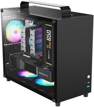 ALAMENGDA SUMIX-500 Mini Portable M-ATX/ITX Computer Case, MINI-Tower CASE, Full Side Glass Transparent DIY Desktop Case with handle, Support 320MM GPU Size, Black