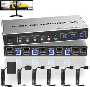 4 Port HDMI Dual Monitor USB 3.0 KVM Switch 4K 60Hz, KVM Switch 2 Monitors for 4PCs Supports EDID, HDMI KVM Switch 4 Computers with Audio Microphone Output and 3 USB 3.0 Ports, 4 in 2 Out KVM