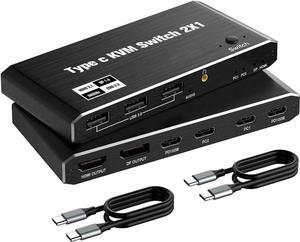 USB C KVM Switch 8K @60Hz 4K @120Hz, 2 Port Type C KVM Switch for 2 Computers Share 1 Monitor [HDMI + DisplayPort Output], USB C KCM with 3 USB 2.0 Ports & 100W Power Delivery, 2 USB-C Cables Included