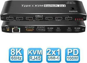 2x1 Type C KVM Switch, 8K Thunderbolt 4 USB C KVM Switch with Ethernet Port RJ45 100W PD Charge 4K 144Hz Type C KVM Switch Switcher for 2 Computer 1 Monitor