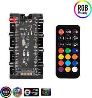2-in-1 PWM & ARGB Controller Hub 8 Ports 12V 4Pin Fan & 5V 3Pin AURA Wireless IR Remote Adapter with PMMA Case and Magnetic Standoff for Cooling Radiator & A.SUS/M.SI LED Strip