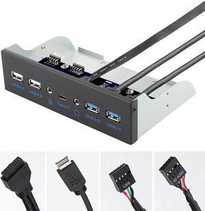 5.25 Inch Front Panel 7 Ports USB Hub w/ HD Audio & Microphone, USB 3.2 Gen 2(10Gbps) Type-C,2 x USB 3.0 & 2 x USB 2.0 ,3.5mm Audio & Mic ,USB Motherboard Header to PC Case Expansion Adapter
