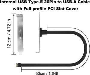 20Gbps USB 3.2 Gen 2x2 USB-C Adapter Flat Cable, Internal USB 3.2 20-Pin Type-E A Key Motherboard Header to Type-C Female Extension Cable with Full-Profile PCIe Bracket Cover,1.64FT