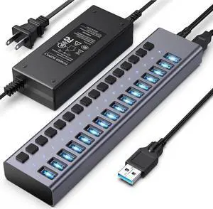 Powered USB Hub 3.0,16 Ports Powered USB 3.0 Data Hub, Individual On/Off Switches, 12V7.5A 90W Power Adapter, USB Hub 3.0 Splitter Extension for MacBook, Mac Pro/Mini, i-Mac, Surface Pro Laptop/PC