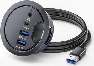Desk Grommet USB 3.0 Hub with 2x Type-A (USB 3.0), 1x Type-C Port, 1x 3.5mm Audio Jack, 4.9Ft Long Cord for Diameter 60mm Hole, Desktop Cable Organizer, Home Office PC Accessories