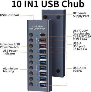 10 Ports 60W USB 3.0 Data Port, Aluminum Housing, Individual On/Off Switches, 12V/5A Power Adapter, 5Gbps High Speed, Charging Ports for Laptop, PC, Computer, Mobile HDD