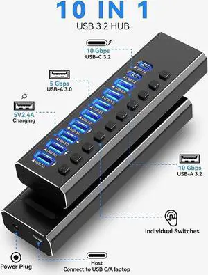 Powered USB Hub 3.2, 10-Port USB 3.2/USB C Hub (10Gbps USB-A 3.2 + 2x USB-C 3.2 + 7x USB 3.0 Ports) with Individual On/Off Switches and 12V Power Adapter, Aluminum USB Hub Powered for Laptop PC