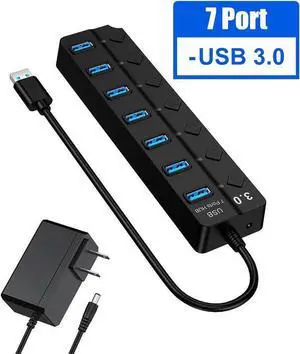7 Ports Powered USB HUB 3nd Generation 5GB Super Speed External USB Port USB 3.0 USB Hub for Computer, Mac, PCs, Smartphone & Tablets Computer Multiple USB Hub (Powered Black)
