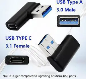 90 Degree USB C to USB A Adapter Right Angle & Left Angle USB A 3.0 Male to USB Type C 3.1 Female Connector for Laptops Wall Chargers Power Banks(2-Pack)