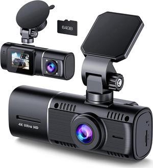 4K Dual Dash Cam Front and Inside, 2160P+1080P IR Night Vision Cabin Car Camera with 64GB Memory Card, Wide Angle Mini Dash Camera Car Video with Parking Mode for Taxi