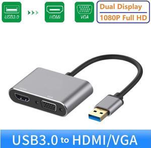2 in 1 USB 3.0 to HDMI VGA Adapter 1080P, Built-in Driver, Support HDMI VGA Sync Output for Windows 10 / 8 / 7 Only, NOT Mac OS / Linux / Vista, USB to HDMI VGA HUB.