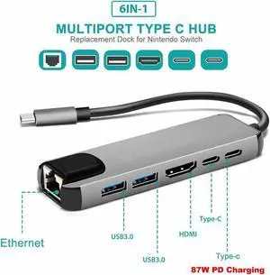 USB C to HDMI-compatible Multiport Adapter,USB C to HDMI-compatible 4K@30Hz / 100Mpbs RJ45 Ethernet / 2 x USB-A Ports / USB-C Data / USBC 87W PD Charging Port - USB Type C Hub - USB C Converter