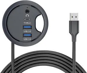 Desk Grommet USB 3.0 Hub with 2x Type-A (USB 3.0), 1x Type-C Port, 1x 3.5mm Audio Jack, 4.9Ft Long Cord for Diameter 60mm Hole, Desktop Cable Organizer, Home Office PC Accessories