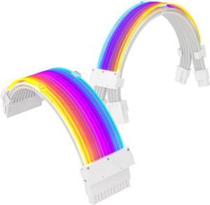 RGB PSU Cables,ARGB Motherboard Power Supply Cable,24 Pin+2 * 8 Pin Sleeved Cable Extension Set,5V 3Pin Synchronized,Customed White PC Chassis(White Connector Strip Style)