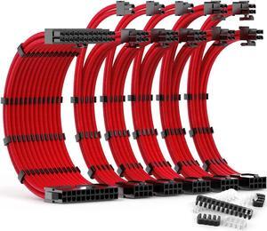 PSU Cable Extension Kit 30CM Length with Combs,1x24Pin/2x8Pin(4+4) EPS/3x8Pin(6P+2P) PCI-E/PC Sleeved for ATX Power Supply, All- Red