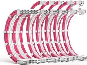 PSU Cable Extension Kit 30CM Length with Combs,1x24Pin/2x8Pin(4+4) EPS/3x8Pin(6P+2P) PCI-E/PC Sleeved for ATX Power Supply,(White & Pink)